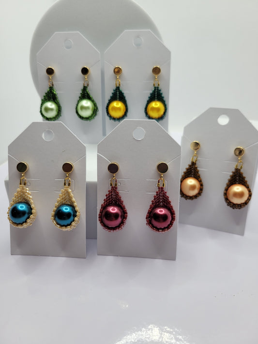 Seed bead pearl teardrop earrings